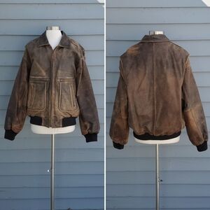 Vintage‎ 90s y2k Brown Leather Distressed Punk Grunge Aviator Bomber Jacket